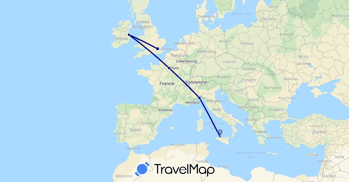 TravelMap itinerary: driving in France, United Kingdom, Ireland, Italy (Europe)